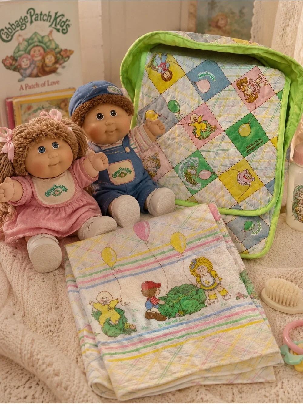 Vintage 1983 Cabbage Patch Kids Quilted Doll Diaper Bag & Receiving Blanket Set
